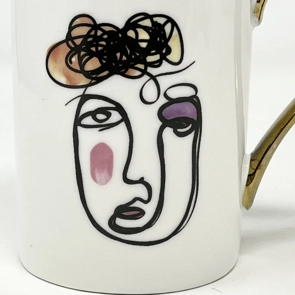 Picasso Style Line Drawing Face Coffee‎ Cup Set of 2 Gold Accent 4